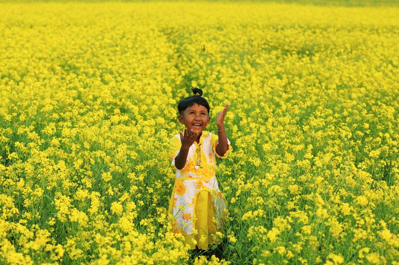 Một bé gái chơi trên cánh đồng hoa cải ở Munshiganj, Bangladesh ngày 8/1/2021.