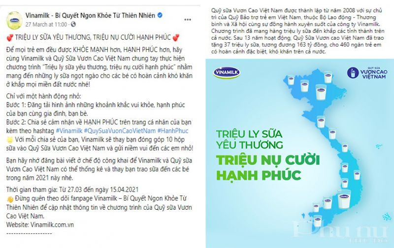Trong chiến dịch diễn ra từ 27.03 đến 15.04.2021, với mỗi chia sẻ được đăng tải, bạn sẽ c&ugrave;ng Vinamilk gửi 10 hộp sữa đến c&aacute;c em nhỏ c&oacute; ho&agrave;n cảnh kh&oacute; khăn tr&ecirc;n cả nước.