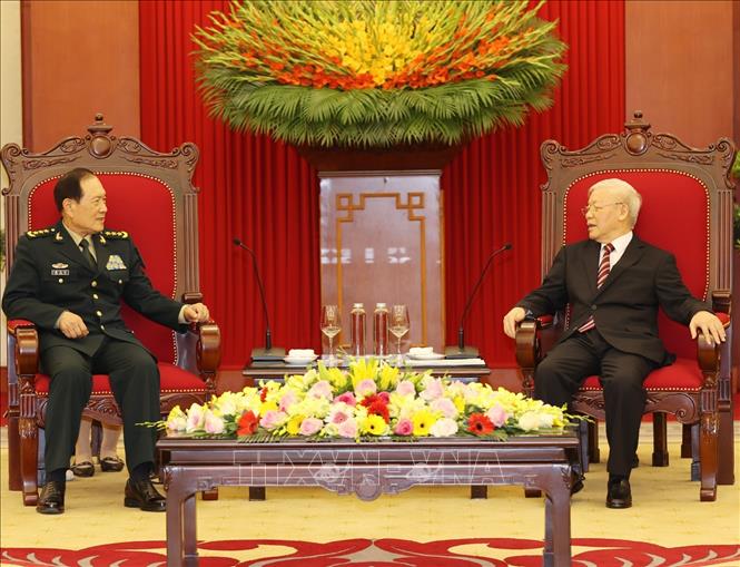 Tổng Bí thư Nguyễn Phú Trọng, Bí thư Quân ủy Trung ương tiếp Thượng tướng Ngụy Phượng Hòa, Ủy viên Quốc vụ, Bộ trưởng Bộ Quốc phòng Trung Quốc sang thăm chính thức Việt Nam. Ảnh: Trí Dũng/TTXVN Tổng Bí thư Nguyễn Phú Trọng, Bí thư Quân ủy Trung ương tiếp Thượng tướng Ngụy Phượng Hòa, Ủy viên Quốc vụ, Bộ trưởng Bộ Quốc phòng Trung Quốc sang thăm chính thức Việt Nam. Ảnh: Trí Dũng/TTXVN
