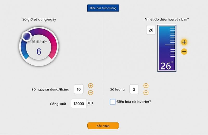 Công cụ tính toán sản lượng điện tiêu thụ điều hoà