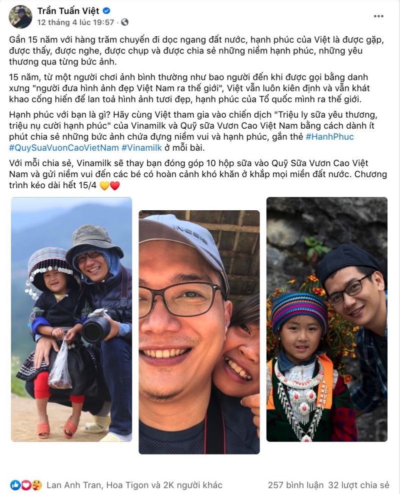 B&agrave;i viết hưởng ứng chiến dịch của nhiếp ảnh gia Trần Tuấn Việt đ&atilde; nhận hơn 2.000 lượt th&iacute;ch v&agrave; chia sẻ.