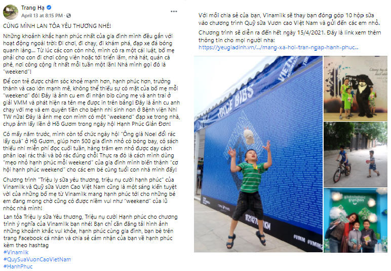 Nh&agrave; văn Trang Hạ cũng t&iacute;ch cực hưởng ứng chiến dịch &ldquo;Triệu ly sữa y&ecirc;u thương, triệu nụ cười hạnh ph&uacute;c&rdquo;