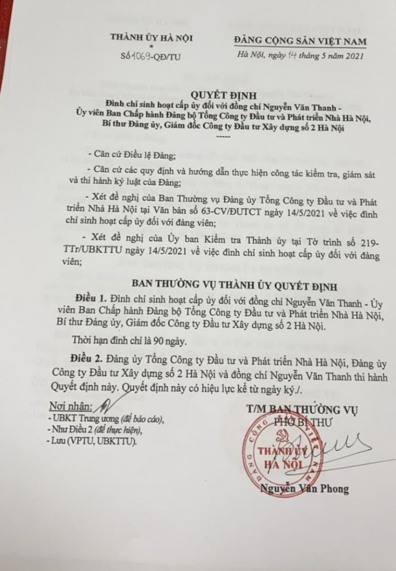 Đình chỉ sinh hoạt cấp ủy đối với Bí thư Đảng ủy, Giám đốc Công ty Đầu tư Xây dựng số 2 Hà Nội - ảnh 1