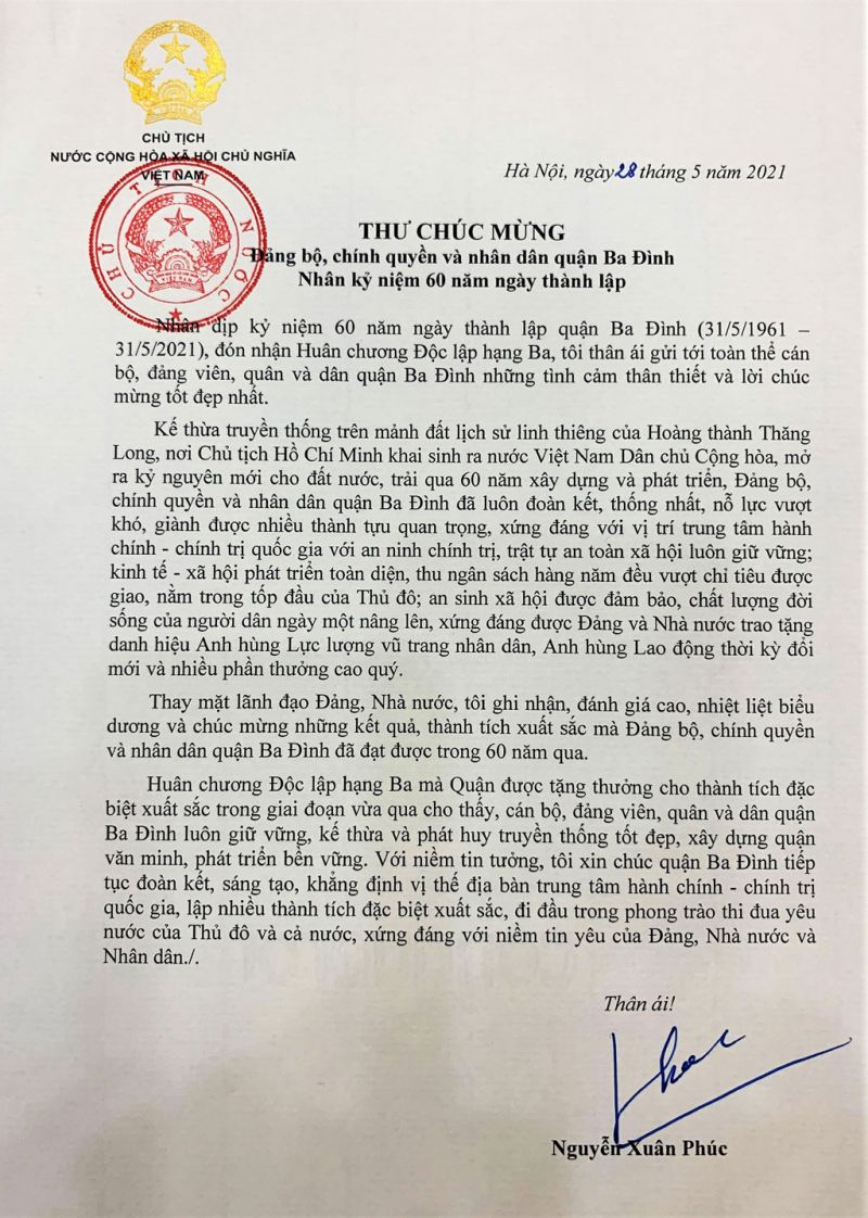 Thư chúc mừng của Chủ tịch nước Nguyễn Xuân Phúc