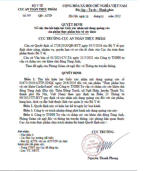 Quyết định thu hồi Giấy xác nhận nội dung quảng cáo sản phẩm TPBVSK Cardio Sante