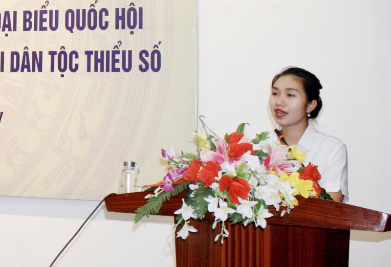 Chị Qu&agrave;ng Thị Nguyệt tr&igrave;nh b&agrave;y chương tr&igrave;nh h&agrave;nh động tại một buổi tiếp x&uacute;c cử tri ở tỉnh Điện Bi&ecirc;n. Ảnh: NVCC