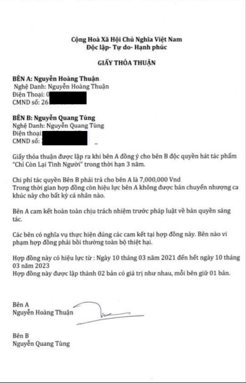 Biên bản thỏa thuận S-Quang Ngọc sở hữu độc quyền của ca khúc “Chỉ còn chút tình người” trong thời gian 3 năm