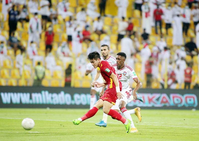 Cầu thủ Tiến Linh ghi b&agrave;n v&agrave;o lưới UAE tại v&ograve;ng loại 2 World Cup 2022