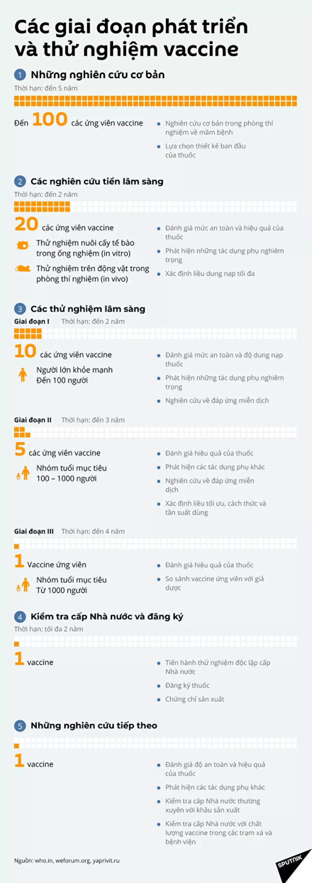 Các giai đoạn phát triển và thử nghiệm vaccine.