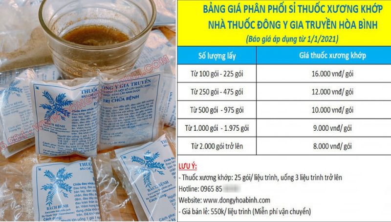 Bảng giá phân phối sỉ và hình ảnh thuốc xương khớp của nhà thuốc quảng cáo là “Đông y gia truyền” Hòa Bình từ cây bách bệnh