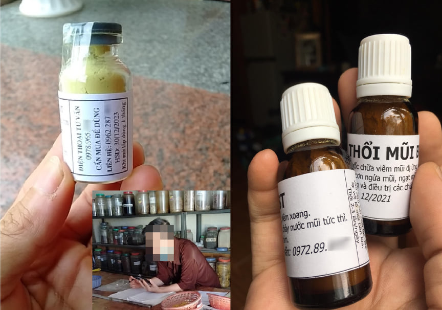 :  Hình ảnh lọ thuốc thổi mũi BT mua tại hiệu thuốc của lương y B.T tại xã Cẩm La, huyện Kim Thành, Hải Dương được bán với giá 50.000 đồng (bên trái) và thuốc thổi mũi BT được rao bán trên mạng với giá 120.000 đồng (bên phải), khác nhau về mẫu mã, số điện thoại liên lạc