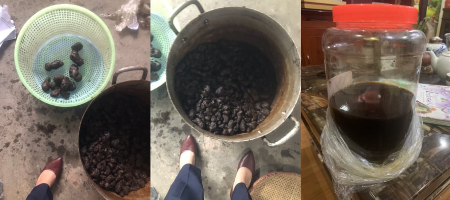 Quy tr&igrave;nh sản xuất thuốc gia truyền chữa gan, thận, của cơ sở Thắm Doanh th&ocirc; sơ v&agrave; nhếch nh&aacute;c với nồi nấu tr&ecirc;n bếp củi, đặt tr&ecirc;n nền đất, th&agrave;nh phẩm kh&ocirc;ng c&oacute; nh&atilde; m&aacute;c vẫn b&aacute;n cho người d&ugrave;ng