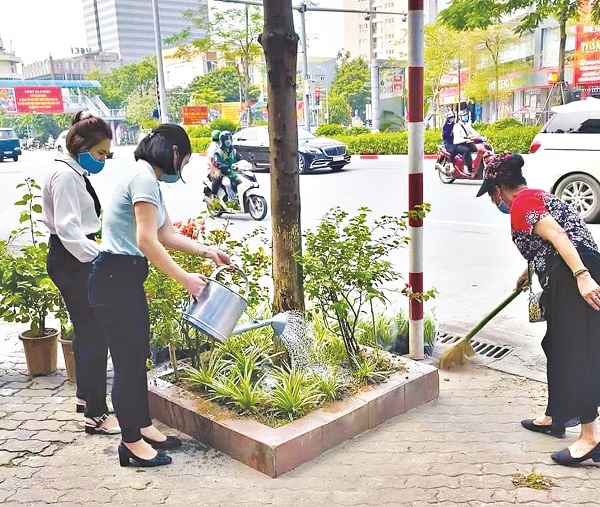 Chị em hội vi&ecirc;n phụ nữ quận Đống Đa chăm s&oacute;c c&aacute;c c&acirc;y xanh đảm bảoc&acirc;y v&agrave; hoa lu&ocirc;n được tươi tốt