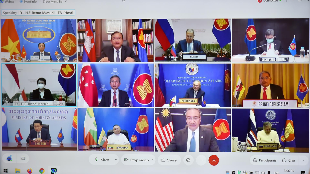 Hội nghị đặc biệt Bộ trưởng Ngoại giao ASEAN-Nga theo hình thức trực tuyến. Ảnh BNG Hội nghị đặc biệt Bộ trưởng Ngoại giao ASEAN-Nga theo hình thức trực tuyến. Ảnh BNG