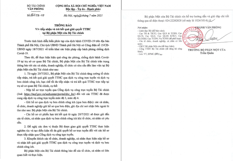Thông báo số 561/TB-VP của Bộ Tài chính về việc tiếp nhận và giải quyết TTHC tại Bộ phận Một cửa
