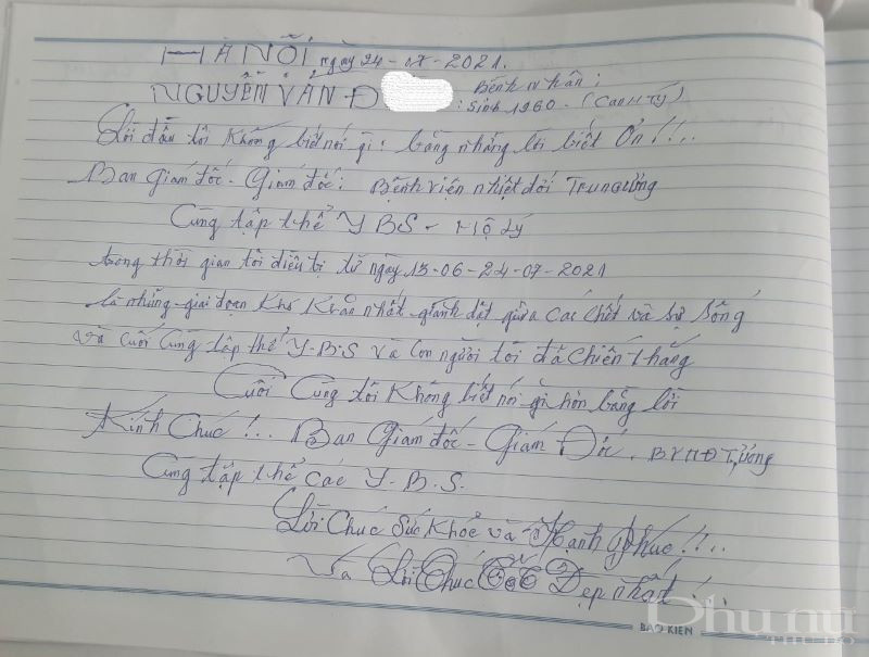Chia sẻ x&uacute;c động của bệnh nh&acirc;n gửi tới y b&aacute;c sĩ BV Bệnh Nhiệt đới Trung ương trước khi xuất viện.