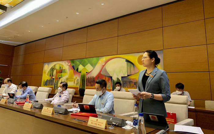 Đại biểu Hà Thị Nga, Ủy viên Trung ương Đảng, Chủ tịch Hội LHPN Việt Nam, đoàn ĐBQH tỉnh Đồng Tháp, phát biểu tại tổ sáng 24/7. Ảnh T.C