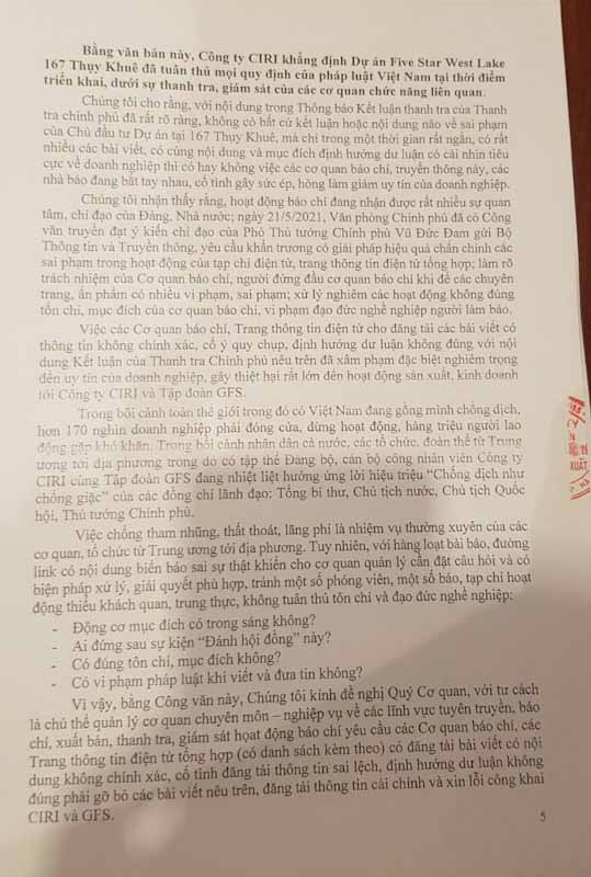 Ng&agrave;y 11/8/2021, C&ocirc;ng ty CP Quan hệ Quốc tế đầu tư sản xuất (CIRI - thuộc Tập đo&agrave;n GFS) đ&atilde; c&oacute; văn bản gửi Bộ TT&TT đề nghị xử l&yacute; một số b&aacute;o, tạp ch&iacute; v&agrave; trang th&ocirc;ng tin điện tử v&igrave; đưa th&ocirc;ng tin sai lệch li&ecirc;n quan tới dự &aacute;n Five Star West Lake (dự &aacute;n 167 Thụy Khu&ecirc;).