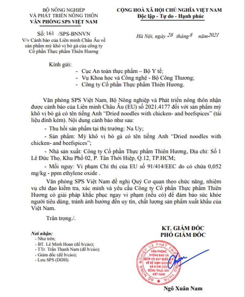 Tiếp tục xác minh về Mì khô vị bò gà của Công ty Cổ phần thực phẩm Thiên Hương bị thu hồi ở Na Uy - ảnh 1