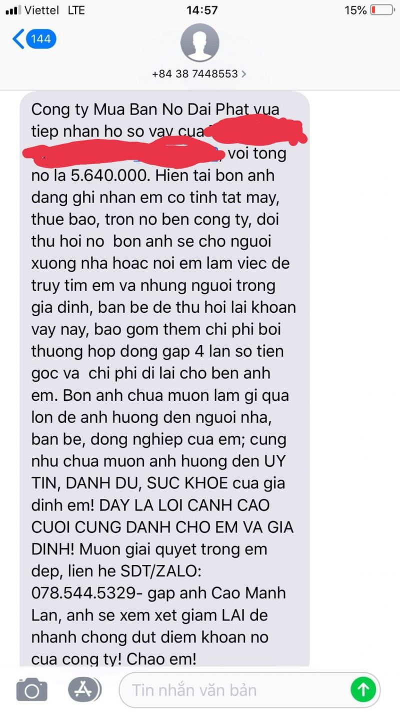 Tin nhắn đe dọa mà chị Trang nhận được khi chậm trả nợ cho ứng dụng vay tiền online Tin nhắn đe dọa mà chị Trang nhận được khi chậm trả nợ cho ứng dụng vay tiền online