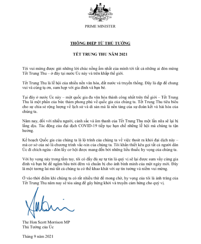 Thủ tướng Australia gửi thông điệp chúc Tết Trung thu bằng tiếng Việt. Thủ tướng Australia gửi thông điệp chúc Tết Trung thu bằng tiếng Việt.