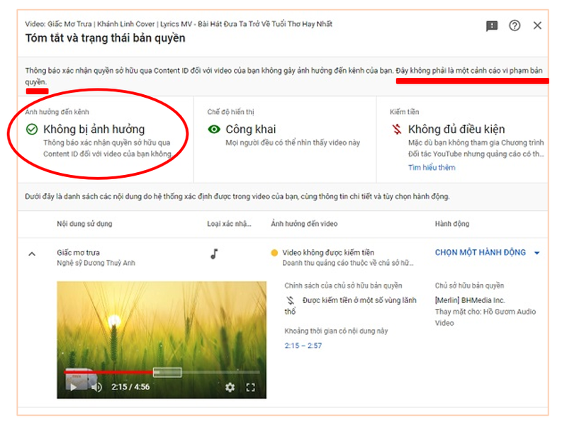 Th&ocirc;ng b&aacute;o từ Youtube li&ecirc;n quan bản quyền ca kh&uacute;c 