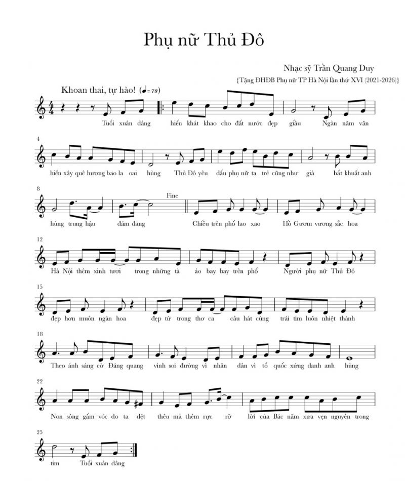 Ca khúc Phụ nữ Thủ đô  do nhạc sỹ Trần Quang Huy sáng tác với nhịp điệu khoan thai, tự hào