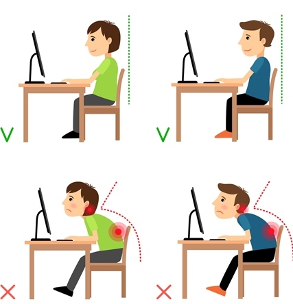 Giữ khoảng cách và ngồi đúng tư thế giúp phòng chống cong vẹo cột sống, giảm nguy cơ mắc các bệnh về mắt