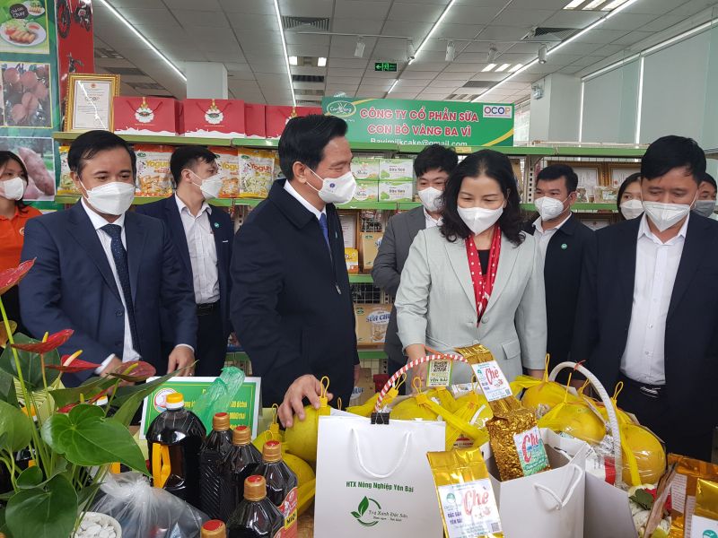 Lãnh đạo Sở Công Thương Hà Nội và lãnh đạo Huyện ủy, UBND huyện Ba Vì tham quan các gian hàng tham gia tại Điểm giới thiệu sản phẩm OCOP