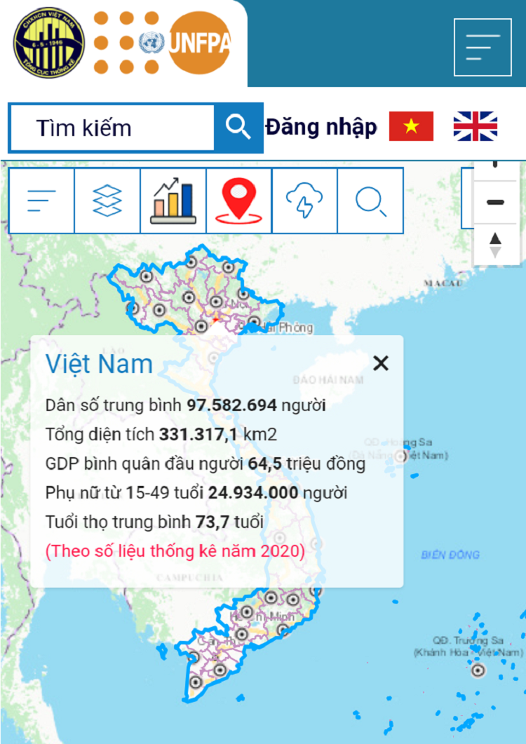 Giao diện Trang th&ocirc;ng tin điện tử Hệ thống dữ liệu kh&ocirc;ng gian d&acirc;n số v&agrave; ph&aacute;t triển