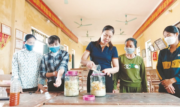 Hội vi&ecirc;n phụ nữ c&aacute;c x&atilde; của huyện S&oacute;c Sơn đang l&agrave;m men IMO từ những vật liệu hữu cơ sẵn c&oacute; trong gia đ&igrave;nh