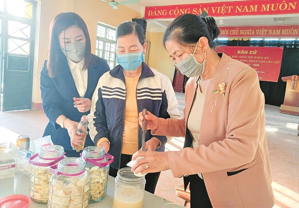 Hội vi&ecirc;n phụ nữ c&aacute;c x&atilde; của huyện S&oacute;c Sơn đang l&agrave;m men IMO từ những vật liệu hữu cơ sẵn c&oacute; trong gia đ&igrave;nh