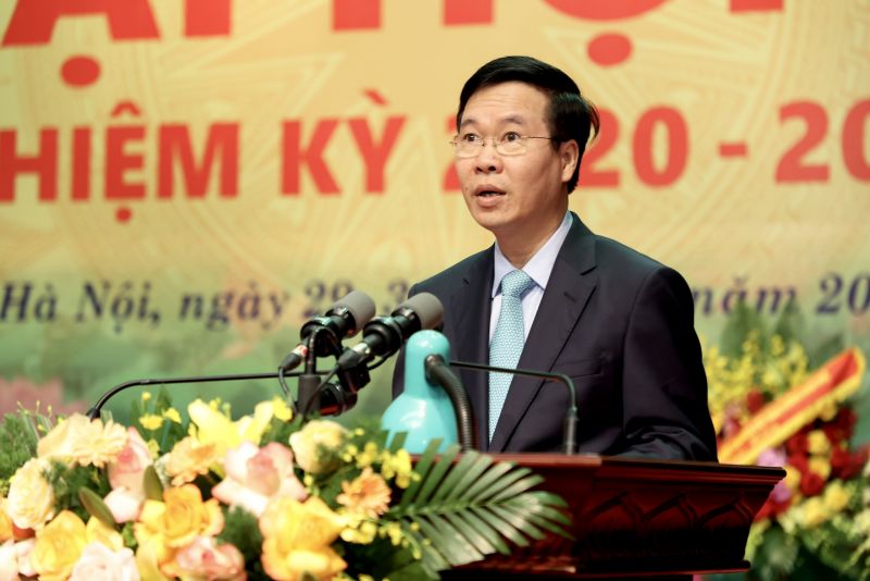 Uỷ vi&ecirc;n Bộ Ch&iacute;nh trị, Thường trực Ban B&iacute; thư V&otilde; Văn Thưởng ph&aacute;t biểu tại Đại hội