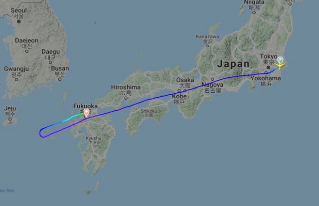 Chuyến bay VN5311 phải quay đầu hạ cánh xuống sân bay Fukuoka sau lời đe dọa. Ảnh: Flightradar. Chuyến bay VN5311 phải quay đầu hạ cánh xuống sân bay Fukuoka sau lời đe dọa. Ảnh: Flightradar.