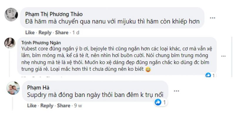 Nhận x&eacute;t của kh&aacute;ch h&agrave;ng về từng loại bỉm tr&ecirc;n c&aacute;c trang mạng x&atilde; hội