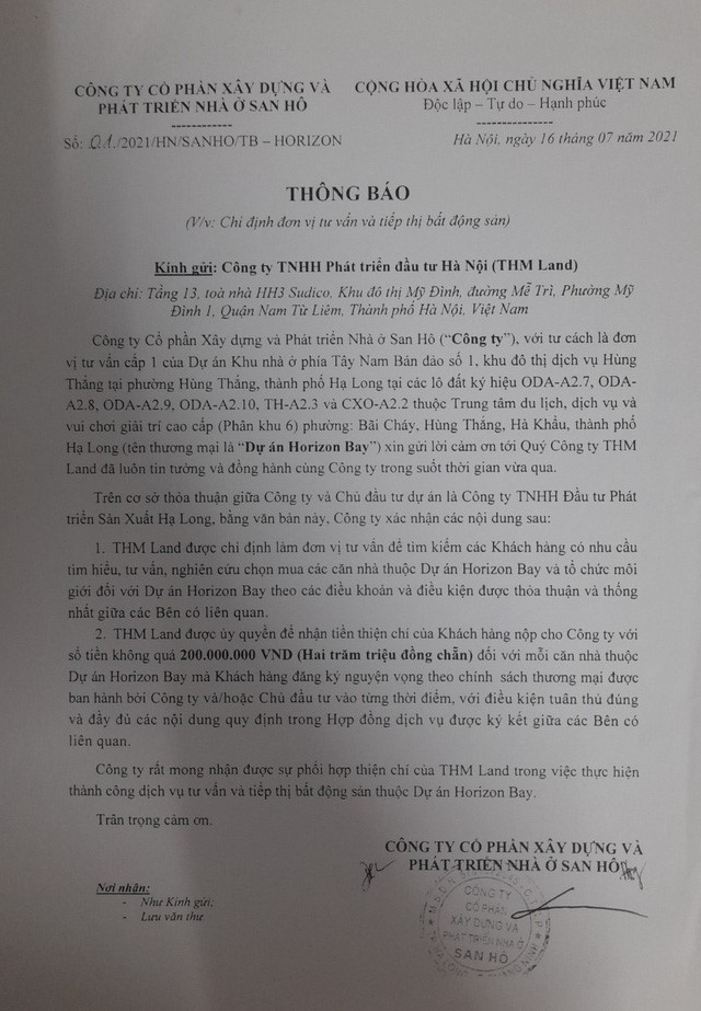 “Thông báo” về việc “Chỉ định đơn vị tư vấn và tiếp thị bất động sản” được đóng dấu bởi Công ty Cổ phần xây dựng và phát triển nhà ở San Hô. “Thông báo” về việc “Chỉ định đơn vị tư vấn và tiếp thị bất động sản” được đóng dấu bởi Công ty Cổ phần xây dựng và phát triển nhà ở San Hô.