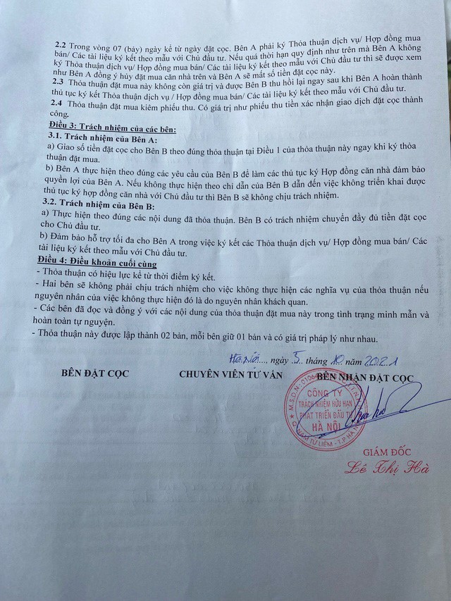 “Thỏa thuận đặt mua” căn hộ HO-76 được ký kết giữa khách hàng Trần Văn Ng. và Công ty TNHH Phát triển đầu tư Hà Nội