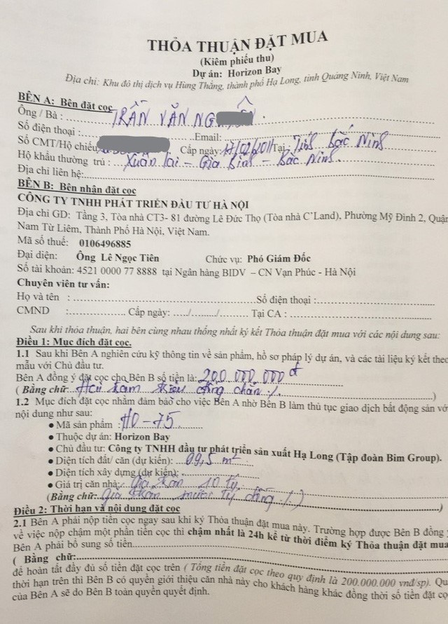 Thỏa thuận đặt mua căn hộ HO-75 với số tiền đặt cọc 200 triệu đồng