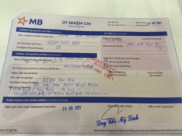 Ủy nhiệm chi mệnh giá 50.000.000 đồng do anh Trần Văn Ng. chuyển cho THM Land đặt cọc căn hộ HO-76