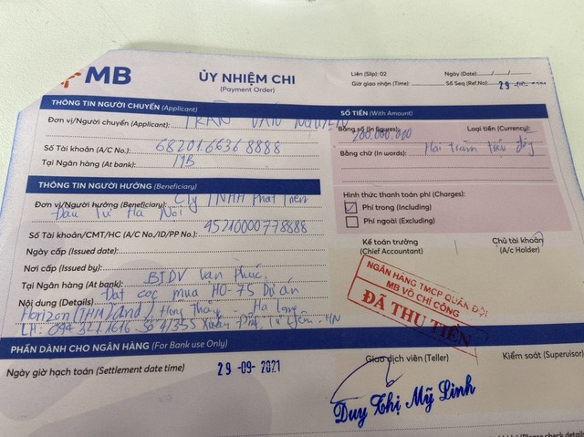 Ủy nhiệm chi mệnh giá 200.000.000 đồng do anh Trần Văn Ng.chuyển cho THM Land đặt cọc căn hộ HO-75.