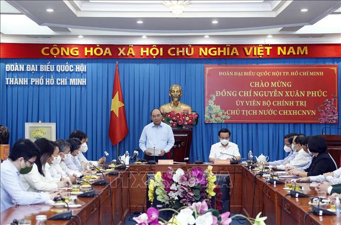 Chủ tịch nước Nguyễn Xuân Phúc phát biểu tại buổi làm việc. Ảnh: Thống Nhất/TTXVN