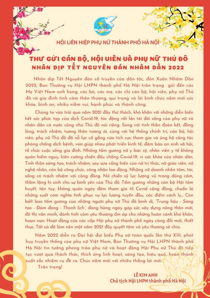 Chủ tịch Hội LHPN Hà Nội gửi Thư chúc mừng cán bộ, hội viên và phụ nữ Thủ đô nhân dịp năm mới Nhâm Dần 2022 - ảnh 1