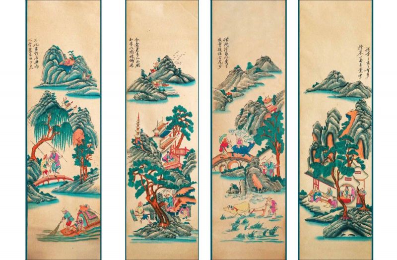 Tranh Tứ dân - Ngư, Tiều, Canh, Độc- dòng tranh Hàng Trống. Ảnh: BTMTVN Tranh Tứ dân - Ngư, Tiều, Canh, Độc- dòng tranh Hàng Trống. Ảnh: BTMTVN