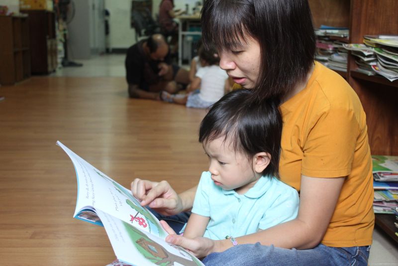 Một người mẹ cùng con đọc sách tại thư viện Hà  Nội-ảnh H.L