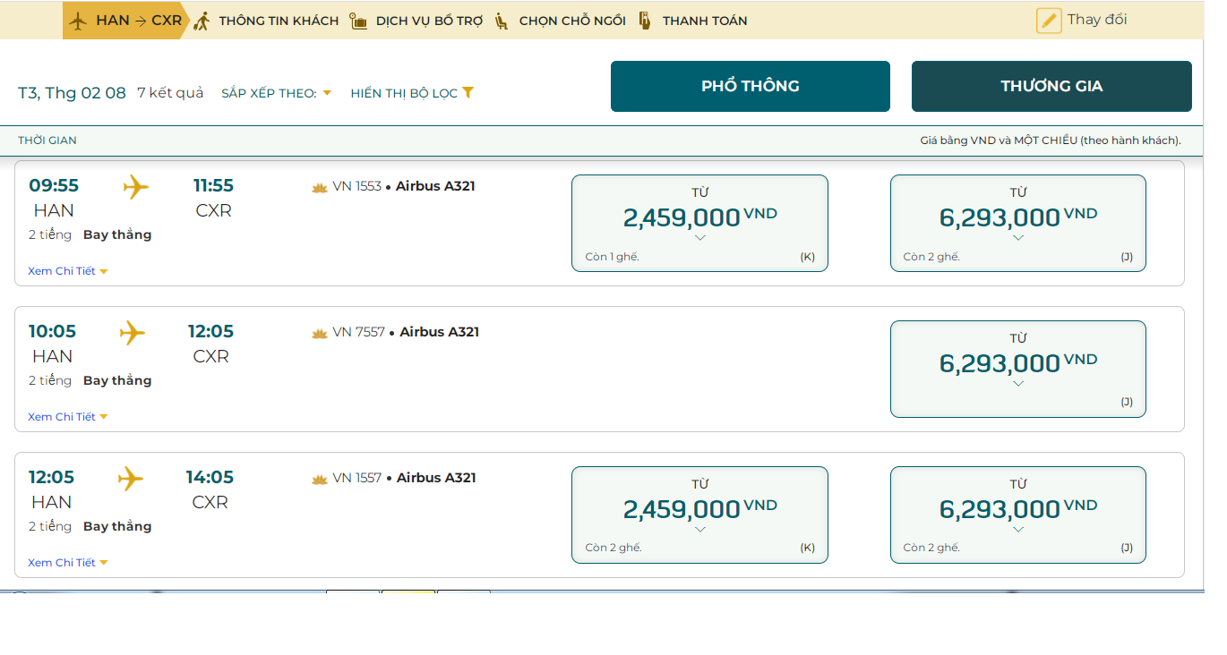Chuyến bay Hà Nội - Nha Trang của hãng hàng không Vietnam Airlines chỉ còn 1 - 2 vé hạng phổ thông