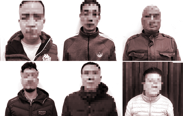 Các đối tượng Trần Mạnh Hùng, Hoàng Đình Dũng, Hồ Sỹ Nghĩa, Trịnh Cao Dương, Trương Quang Chính, Trương Minh Tùng (từ trên xuống, trái qua phải) trong đường dây đánh bạc do Công an quận Hoàng Mai triệt phá (Ảnh: Chu Dũng)