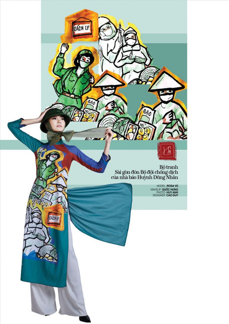 Tranh áp phích về đại dịch Covid-19 của nhà báo Huỳnh Dũng Nhân lên áo dài củaNTK Minh HạnhẢnh: NVCC