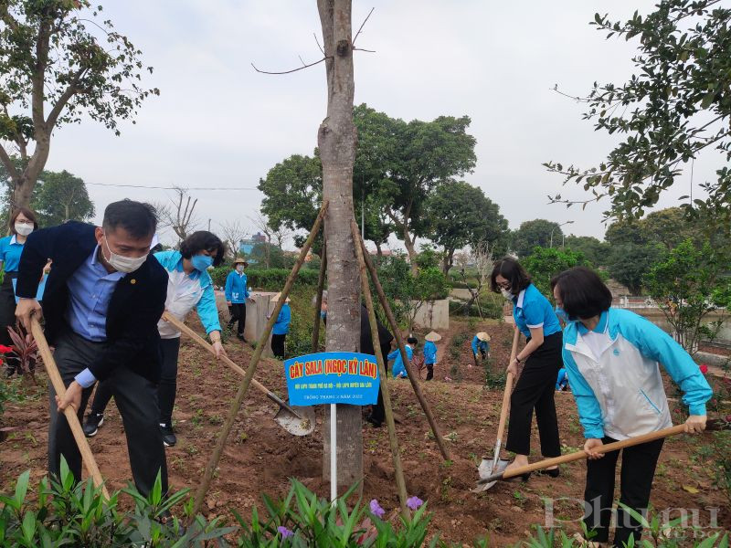 Đồng chí Phạm Thị Thanh Hương, Phó Chủ tịch Hội LHPN Hà Nội ( người mặc áo xanh đầu tiên bên phải) cùng các đại biểu Hội LHPN huyện, Đảng ủy xã Phù Đồng cùng cán bộ Hội, hội viên phụ nữ tham gia trồng cây ngay sau chương trình hưởng ứng Tết trồng cây  