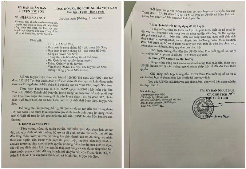 UBND huyện Sóc Sơn đã ban hành văn bản về việc nghiêm cấm mọi hành vi chuyển nhượng đất khu vực trên.