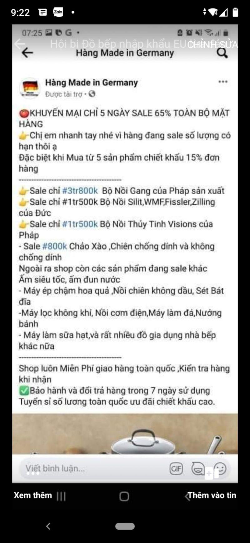 Trang facebook h&agrave;ng Made in Germany hiện đ&atilde; bị x&oacute;a sổ, đều d&ugrave;ng chung một số t&agrave;i khoản với trang Đồ bếp nhập khẩu EU để kh&aacute;ch h&agrave;ng chuyển tiền